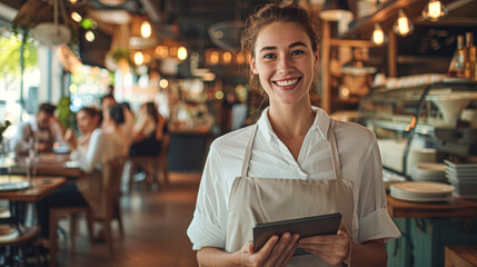 A welcoming waitress in a casual apron smiles as she takes customer orders on a digital tablet in a bustling restaurant.