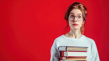 woman with glasses looking upwards, holding a set of books on a striking red background