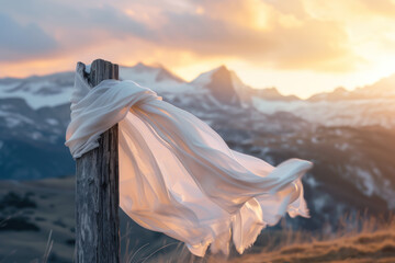 A white silk scarf fluttering in the wind on a wooden cross overlooking a valley between snow-capped mountain peaks at sunset. - obrazy, fototapety, plakaty