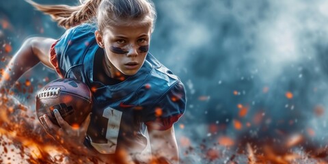 portrait of a young girl focused on the game, a player on the school American football team,
