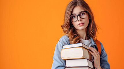  A young woman with blonde hair and glasses, confidently holding a large stack of various hardcover books against an orange background.