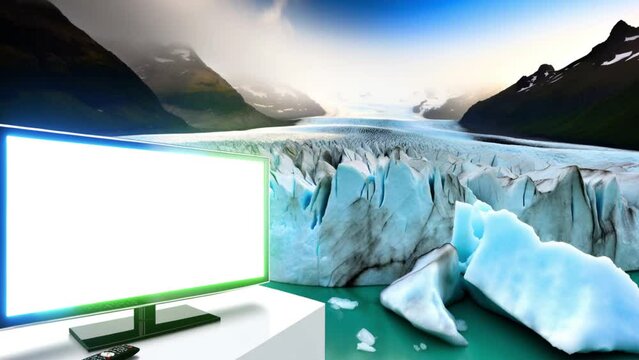 TV with a white screen against the backdrop of a melting glacier.