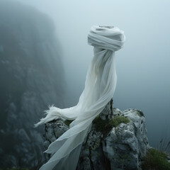 Gossamer white silk scarf tied around weathered cross atop a windswept grassy cliff overlooking sheer granite walls and peaks wreathed in mist. 