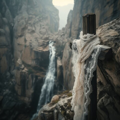 White lace scarf tied around humble wooden cross standing watch over a deep glacial gorge cutting through soaring, craggy cliff faces and cascading waterfalls.