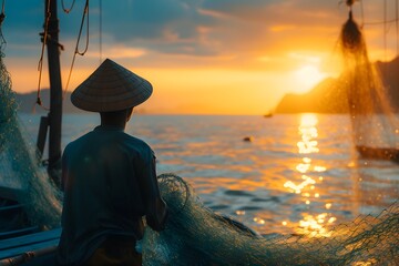 Fisherman in Boat at Sunset with Fishing Net