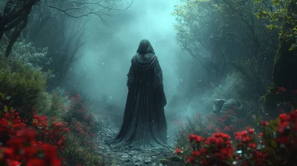 Foto op Plexiglas Silhouette of a witch in a fairy forest © Roman
