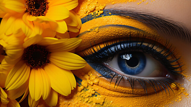 Yellow eye make-up with flower.