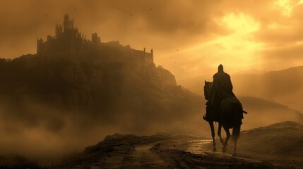 A medieval knight rides a horse to a castle at the very top of a mountain.