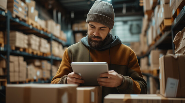 Focused male employee in casual clothing and beanie using a tablet to manage inventory in a modern warehouse setting.