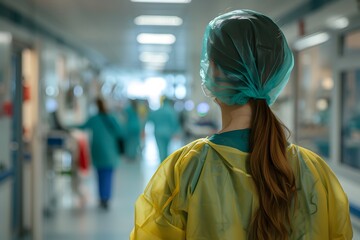 Female Surgeon in Scrubs and Helmet in Hospital Corridors