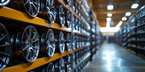 Stack of car rims in a warehouse