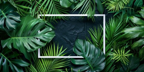 Tropical leaves, foliage, jungle, plants, bushes, nature, background with white frame