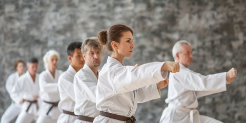 Fototapeta na wymiar Women and men of different ages practice kata during group karate training