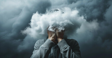 Man with cloud over his head depicting solitude and depression, abstract concept