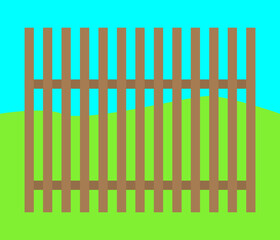 Fence - a wooden fence for a garden or pasture on the background of the sky and grass. Vector illustration