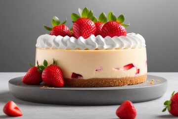 Tasty cheesecake with strawberry on a Light grey stone background.