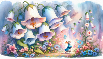 Watercolor painting of cute mouse walking through a colorful garden of giant bell flowers. Beautiful heartwarming image for kids designs and illustrations. Canvas texture.