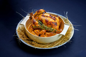 Baked chicken with potatoes on a blue background.