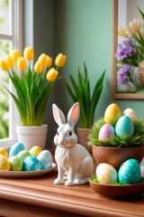Bunny figurine and easter eggs on wooden console with green home plants.
