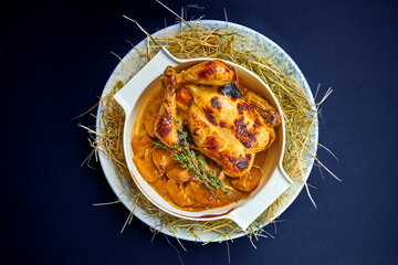 Baked chicken with potatoes on a blue background.