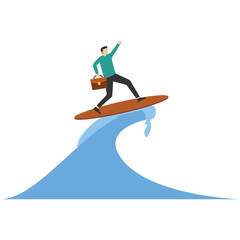 Follow business trend or momentum, professional experienced worker or career development concept, a challenge to overcome difficulties, entrepreneur expert surf or ride the wave to success.