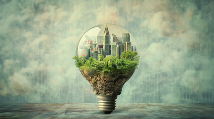 Design for an eco friendly banner, a light bulb shape with city and garden, save the planet and energy concept