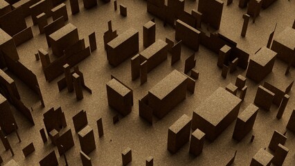 brown city view from above made of 3D cubes with cork texture