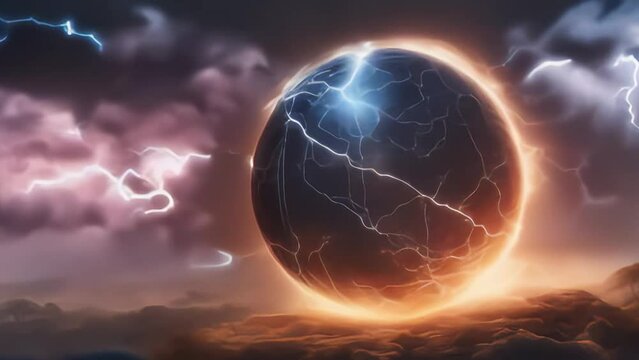 a large stone ball in the clouds hangs above the ground surrounded by sparkling lightning. 