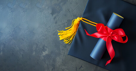 Black graduate cap with yellow tassel, blue diploma paper scroll tied with red ribbon with bow on dark gray background, Flat lay, top view, mortarboard, copy space