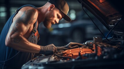A mechanic checking the engines electrical connections and wiring