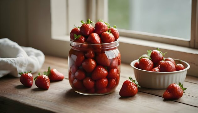 image of strawberries in a glass jar on the table. jam. food and cooking