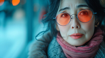 Portrait of a 60 year old Japanese woman with modern glasses in winter