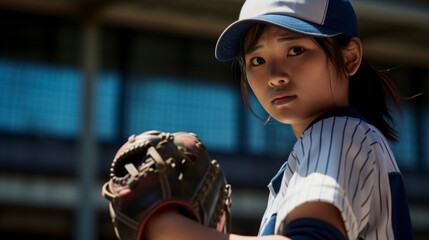Female student baseball player holding softball glove and ball in glove preparing to throw, college baseball game