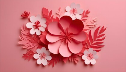 
image of paper pink flowers and leaves on a pink pastel delicate background. Valentine's Day and International Women's Day March 8