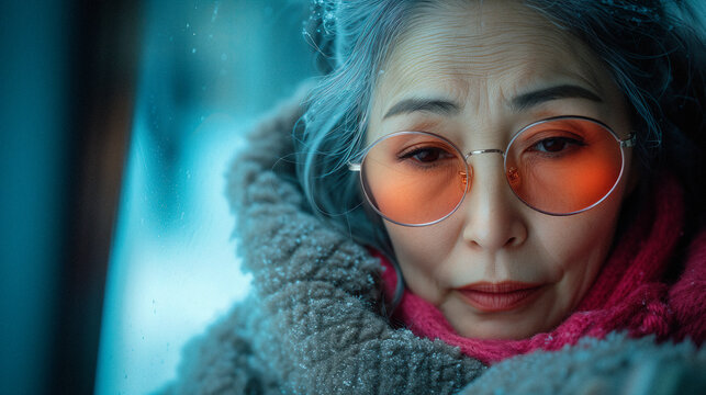Portrait of a 60 year old Japanese woman with modern glasses in winter