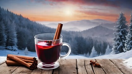 image of hot tea or mulled wine in a glass cup with cinnamon against the backdrop of a winter landscape - obrazy, fototapety, plakaty