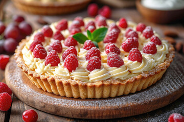 Close-up of pastries, quiche and raspberries on a wooden table.