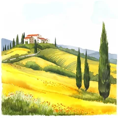 Zelfklevend Fotobehang Italy. Watercolor sketch landscape of Tuscany. Green field with trees. Ai art. © olga_milagros