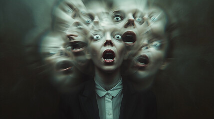 woman in a suit with multiple ghost faces extending from his head, each displaying an exaggerated, wide-eyed expression. These faces appeared with a motion blur effect