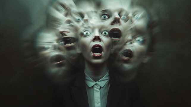 woman in a suit with multiple ghost faces extending from his head, each displaying an exaggerated, wide-eyed expression. These faces appeared with a motion blur effect