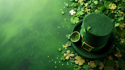 Green leprechaun hat with clover for St. Patrick's Day on green background - obrazy, fototapety, plakaty
