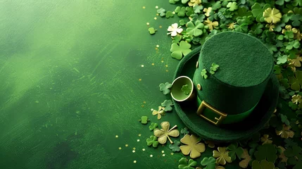 Foto op Canvas Green leprechaun hat with clover for St. Patrick's Day on green background © Taisiia