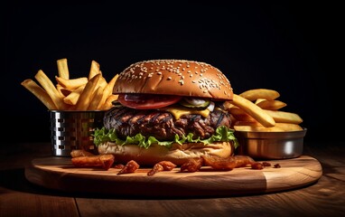Hamburger and Fries on Cutting Board