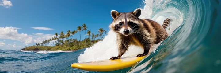 Banner A comical animal riding big waves, perfect for travel ads, surfing gear promotions, and capturing the spirit of summer events.