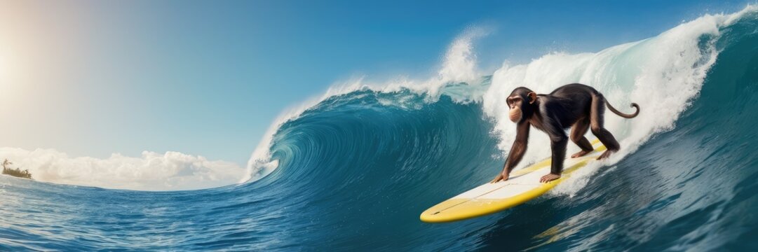 Banner showcasing a comical surfing ape, perfect for promoting surfing events and competitions, adding a humorous twist.