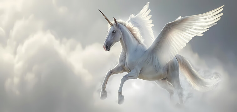 Enchanting Flight: Unicorn Soars Joyfully Over a Fairy-tale Landscape with Spread Wings, Copy Space, Freedom in sky	