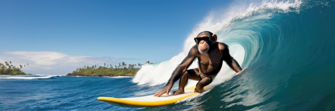 Banner with a funny surfing ape, great for travel and vacation ads, showcasing surfing gear, and adding a playful vibe to summer events and festivals
