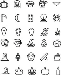Collection of Simple Halloween Related Vector Line Icons. Contains Icons such as pumpkin, ghost, jug, tombstone and more. Editable stroke. 48x48 pixels