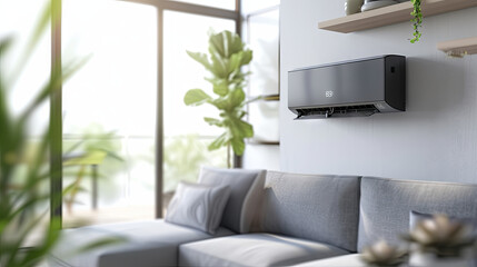 A black air conditioner hangs on the wall of a cozy room with a sofa and plants - obrazy, fototapety, plakaty