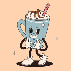 Funky groovy cartoon character Coffee sticker. Vintage funny mascot with psychedelic smile and emotion. Design art for cafe, bar, restaurant. Comic trendy vector illustration 70s 80s 90s style